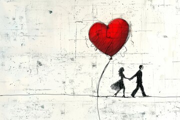 Couple walking holding a heart balloon in a sketch style drawing