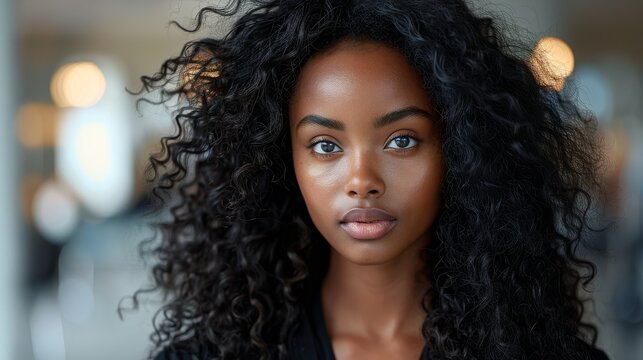woman with long angular hair blowing out the curls, in the style of rich textures created with Generative AI technology