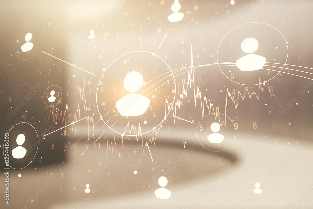 Poster double exposure of abstract virtual social network icons on empty modern office background. marketin