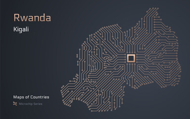 Rwanda Map with a capital of Kigali Shown in a Microchip Pattern with processor. E-government. World Countries vector maps. Microchip Series	