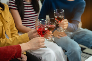 drinks and conversation, social gathering and get together. Young people, group and happiness at fast food pizzeria, celebration at home.