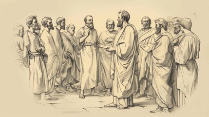 Fototapeta premium Biblical Illustration: Paul Preaches in Athens, Areopagus Sermon, Philosophers Listening, Beige Background, Copyspace