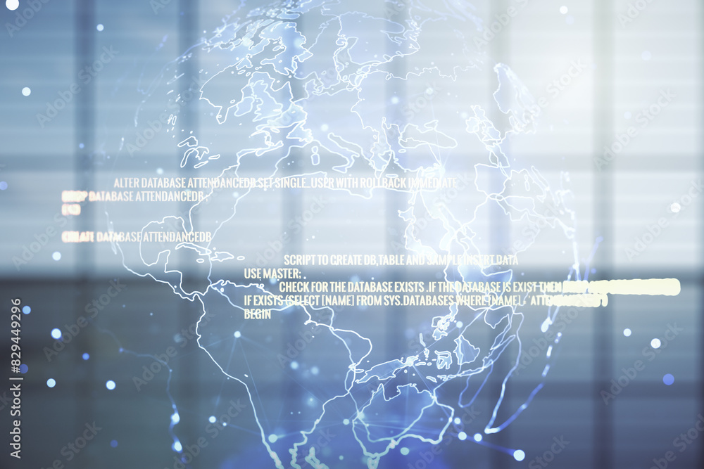 Poster multi exposure of abstract creative coding sketch and world map on empty corporate office background