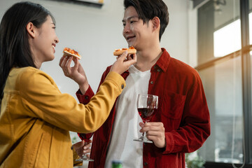 drinks and conversation, social gathering and get together. Young people, group and happiness at fast food pizzeria, celebration at home.