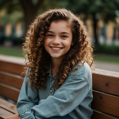 A cute girl with curly hair sitting on a bench
