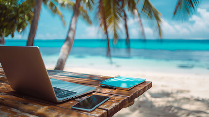 laptop on a wooden table on tropical beach - travel work concept