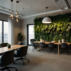 A cooperate meeting room decorated with plants 

