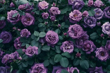 Obraz premium A green bush filled with purple roses