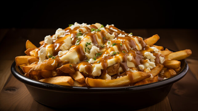 Canadian poutine food dish with Frenchfries,coriender and sauces
