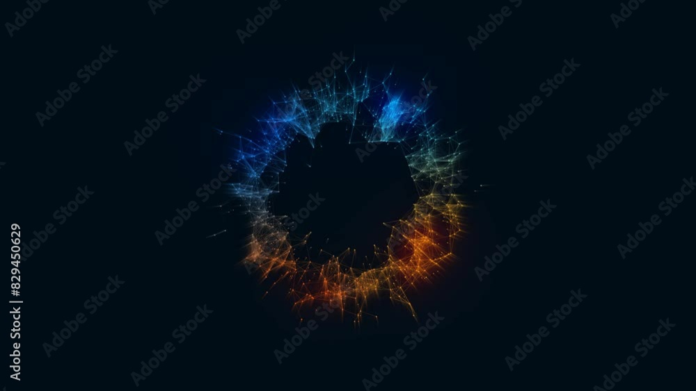 Poster animated neon ring symbol. fire and ice. glow logo frame. pattern of plexus of chaotic lines and dot