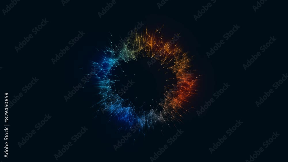 Poster animated neon ring symbol. fire and ice. glow logo frame. pattern of plexus of chaotic lines and dot