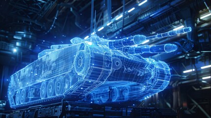 Naklejka premium 3D rendering illustration Tank blueprint glowing neon hologram futuristic show technology security for premium product business finance