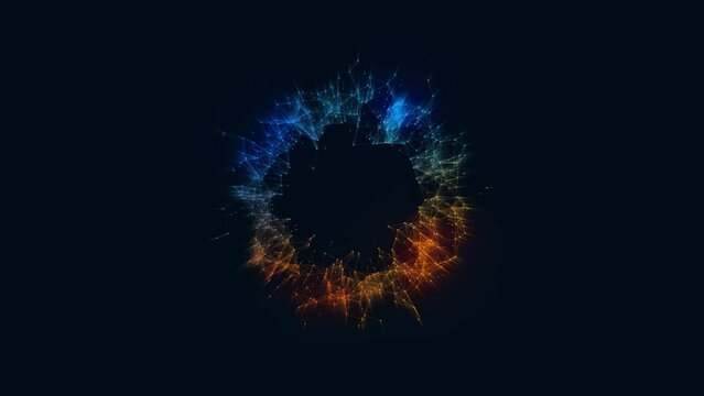 Animated neon ring symbol. Fire and ice. Glow logo frame. Pattern of plexus of chaotic lines and dots. Magnetic field. Force of gravity. Screensaver for technology, presentations, business. 4k