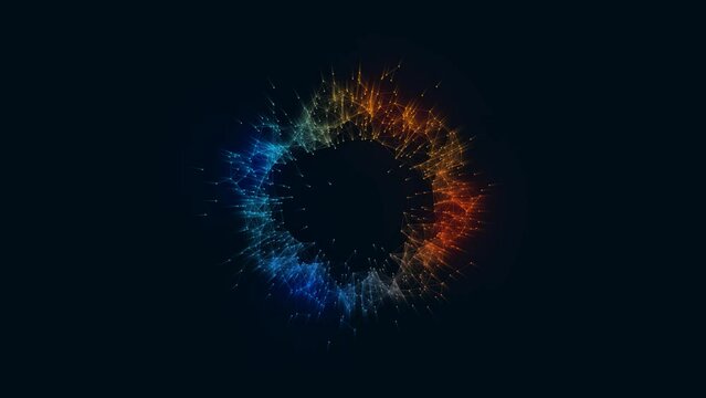 Animated neon ring symbol. Fire and ice. Glow logo frame. Pattern of plexus of chaotic lines and dots. Magnetic field. Force of gravity. Screensaver for technology, presentations, business. 4k
