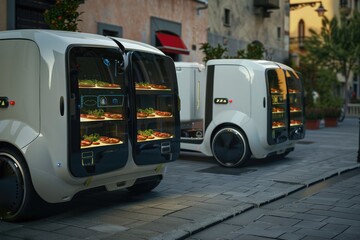 Autonomous Car, delivery vehicle to people in front of the house , Generative AI