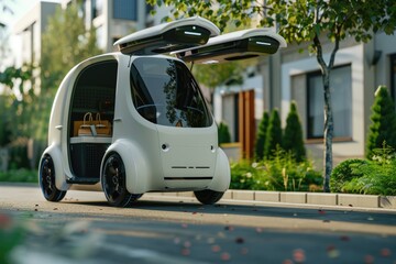 Autonomous Car, delivery vehicle to people in front of the house , Generative AI