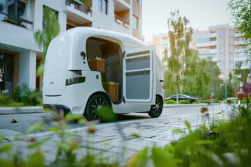 Autonomous Car, delivery vehicle to people in front of the house , Generative AI