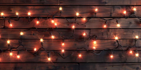 Colored Christmas lights strung on a wooden background in the style of neon art nouveau. 
