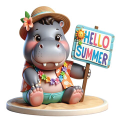 Naklejka premium Hippo holding a hello summer sign