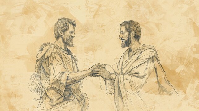 Biblical Illustration: David and Jonathan, Close Friendship, Covenant Making, Beige Background, Copyspace