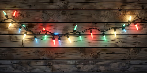 Christmas Colorful Lights on Rustic Wood Background. Holiday Celebration Decoration in Rustic. 
