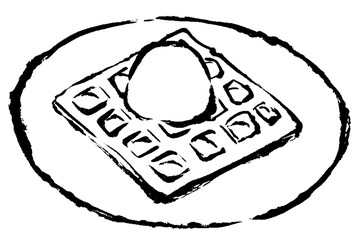 筆タッチの皿にのったバニラアイス付きワッフルの線画イラスト