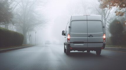 Obraz premium White transport Van back view without brand driving fast in an empty suburb street with a very dense fog in background