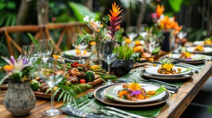 A table set with an assortment of tropical dishes all beautifully plated and ready to be practiced...