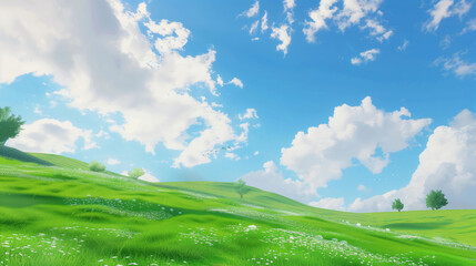Obraz premium 爽やかな青空と緑の草原