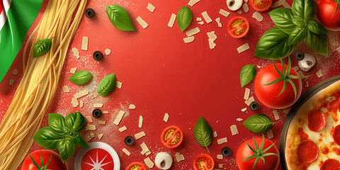 Italian food creative red background for menu and restaurant. Typical Italian dishes in Italy. Pizza, pasta, cheese, parmesan, basil, herbs, tomatoes, and tomato sauce. Food menu, copy space design.