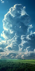 A large cumulonimbus cloud towers over a green field