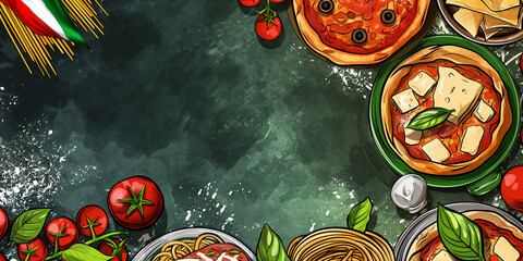 Italian food and flag creative background for menu and restaurant. Typical dishes in Italy. Pizza, pasta, cheese, parmesan, basil, herbs, tomatoes, and tomato sauce. Food menu, copy space design.