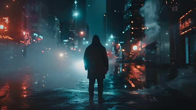 In a futuristic city a hero teleports through a circle portal emerging in a world where magic and technology intertwine