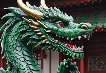 Fototapeta premium A large green dragon statue with opened mouth and long tail