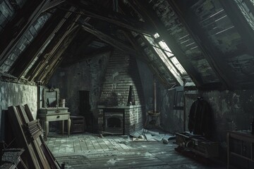 Obraz premium Zimmer eines alten verfallenen Hauses - Generative AI. Beautiful simple AI generated image in 4K, unique.