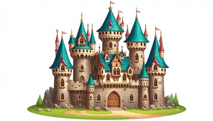 Obraz premium Illustration of a colorful fairy tale castle with multiple towers, flags, and surrounded by trees and bushes