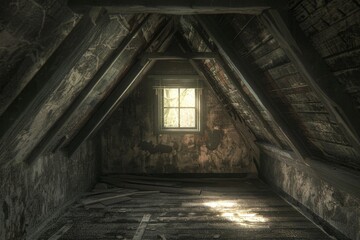 Obraz premium Depressing abandoned room with centered window - landscape color photo. Beautiful simple AI generated image in 4K, unique.