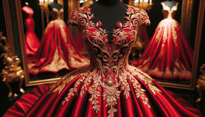 Elegant red ball gown with intricate gold embroidery displayed on a mannequin in front of a mirror with ornate surroundings