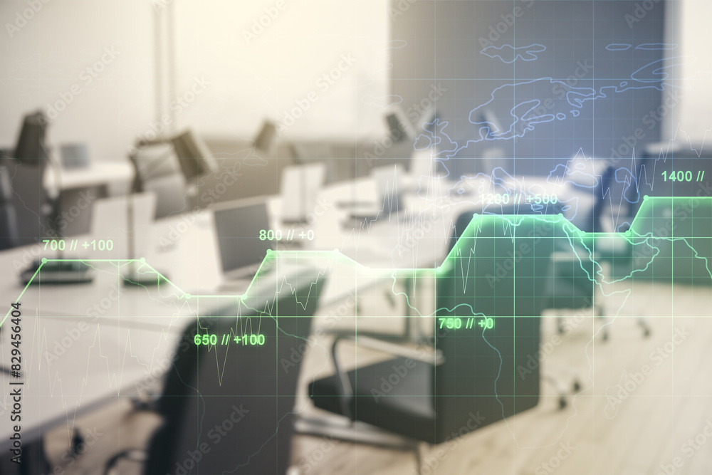 Poster abstract virtual analytics data spreadsheet on a modern furnished classroom background, analytics an