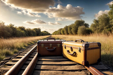 Two forgotten retro suitcases on closed old railway rails outdoors. Stylish image vintage suitcases...