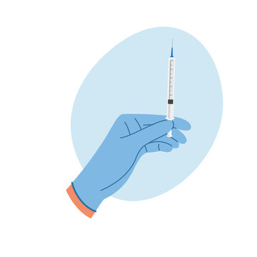 Doctors hand holding syringe to inject medicine. Doctor hands making an injection. Vaccination concept