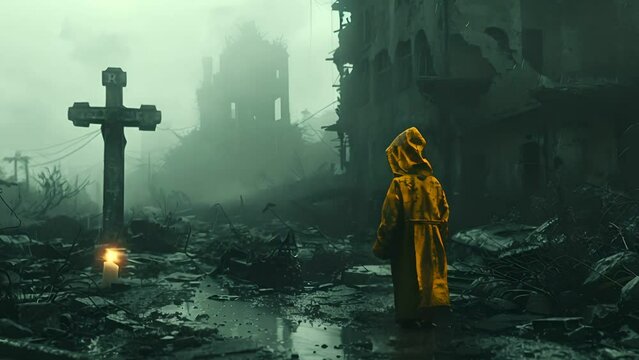 In a dystopian future a gnome prays at a glowing cross the last beacon of hope in a crumbling cityscape