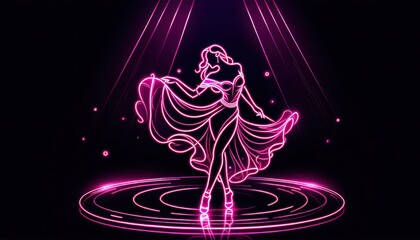 Neon outline of a dancing woman with flowing hair and a billowing dress in a graceful pose against a dark background