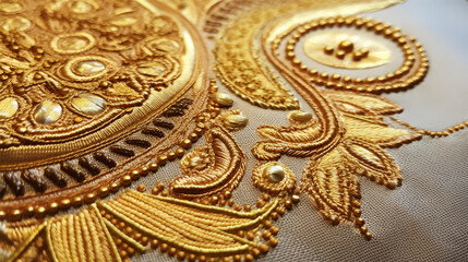 Fragment of fabric with gold embroidery. Background texture, sunrise.