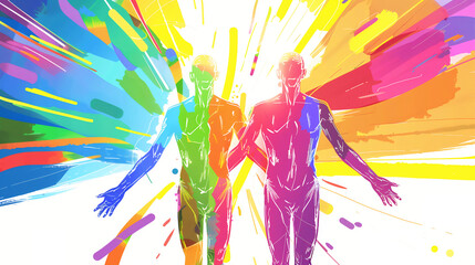 Abstract lines rainbow colors LGBT love and proud silhouette faceless watercolor art illustration 