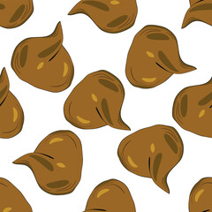 Seamless pattern with kawaii poop on white background. Cartoon poo, feces icons. Shit patterns, evil turd. Vector illustration for invitation, poster, card, fabric, textile. Doodle style