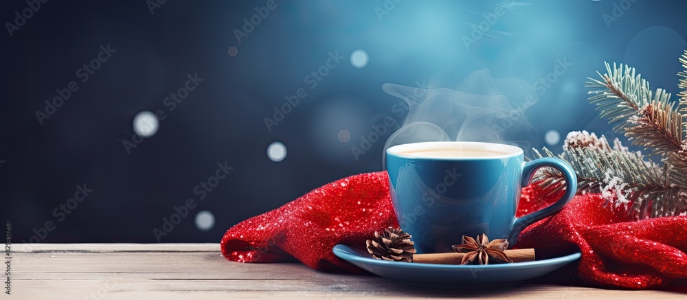 Aufkleber baking in the shape of a christmas tree and a red mug with frothy coffee wrapped in a knitted blue s