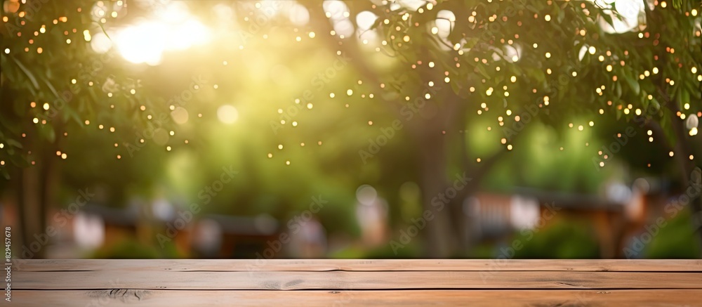 Aufkleber product display montage with an empty wooden deck table placed against a blurred tree backdrop with 