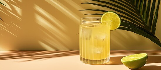 Ti punch cocktail drink with white rum agricole sugar syrup and lime traditional Caribbean beverage Beige background palm leaves shadow copy space