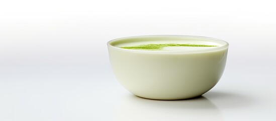 Hot green milk tea in cup on white background. copy space available